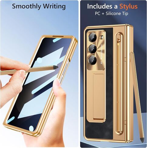 for Samsung Galaxy Z Fold 6 Case with S Pen Holder & Stylus, Fold 6 PU Leather Phone Case with Built in Privacy Screen Protector Full Body Slim Kickstand Leather Cover for Z Fold 6 Gold+Black in Saudi Arabia