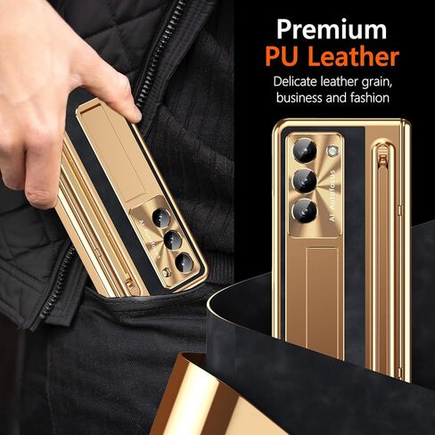 for Samsung Galaxy Z Fold 6 Case with S Pen Holder & Stylus, Fold 6 PU Leather Phone Case with Built in Privacy Screen Protector Full Body Slim Kickstand Leather Cover for Z Fold 6 Gold+Black in Saudi Arabia