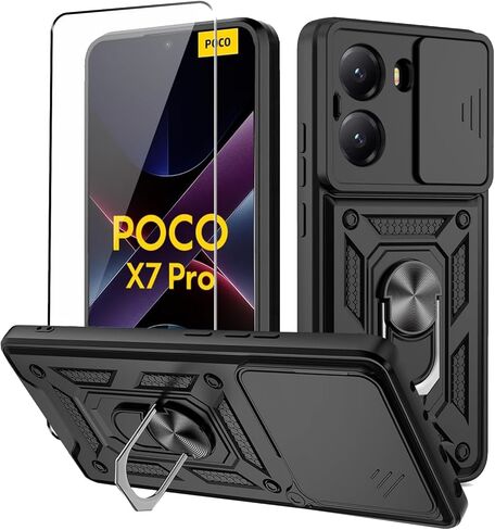 حافظة لهاتف Xiaomi Poco X7 Pro 5G مع واقي شاشة من الزجاج المقسى، وغطاء هاتف خلوي مقاوم للسقوط مع مسند ومنزلق | حافظة هاتف متينة وشديدة التحمل - أسود in Kuwait