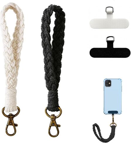 2 PCS Phone Wrist Strap, Cell Phone Lanyard, with 2× Phone Tether Tab, Handmade Macrame Keychain(Black&White) in Saudi Arabia