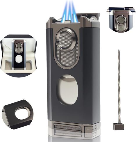 5-in-1 Torch Lighter with Cutter, Punch, Holder, and Draw Enhancer Tool, 3 Jet Windproof Flame, All-in-one Lighter with Multi-Functional Accessory, Refillable Butane Lighter (Black) in Saudi Arabia