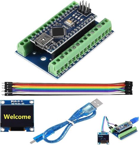 وحدة Arduino Nano ملحومة، شريحة Nano Board ATmega328P، 5V 16MHz لـ Arduino، مع لوحة اندلاع واحدة + كابل USB واحد + شاشة LCD OLED مقاس 0.96 بوصة 128 × 64 12864 بكسل in Kuwait