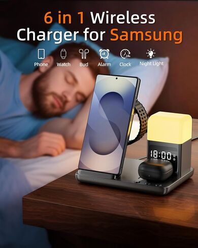 2025 ترقية محطة شحن لاسلكية 6 في 1 مع منبه وإضاءة ليلية لهاتف Samsung S25/S24/S23/S22، لسلسلة Galaxy Watch 8-4، محول متضمن، أسود in Kuwait