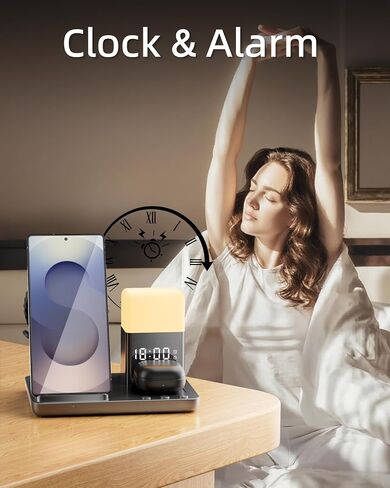 2025 ترقية محطة شحن لاسلكية 6 في 1 مع منبه وإضاءة ليلية لهاتف Samsung S25/S24/S23/S22، لسلسلة Galaxy Watch 8-4، محول متضمن، أسود in Kuwait