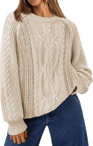 EVALESS Womens Sweaters Casual Crewneck Long Sleeve Cable Knit Chunky Lightweight Oversized Sweater Pullover Outfits in Saudi Arabia
