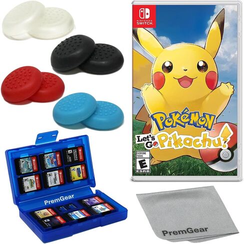 Pokémon: Let's Go, Pikachu! for Nintendo Switch (US Version), with PremGear Thumb Grips (8 pack - Black, Blue, Red & Clear), 24 Slot Game Card Holder & Cleaning Cloth in Saudi Arabia