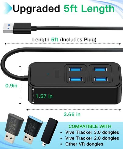 محور USB مطور بـ 4 منافذ متوافق مع Vive Tracker USB Dongles Vive Tracker 3.0 2.0 VR Console Dongles، كابل بطول 5 أقدام للوصول الممتد، 4X USB 3.0 + 1x USB-C إلى DC 5W منفذ طاقة، 5 في 1 in Saudi Arabia