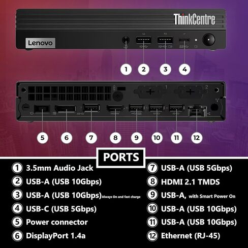 لينوفو ثينك سنتر تايني M70q G5 انتل i5-14400T (Beats i7-13700T)، ذاكرة وصول عشوائي DDR5 سعة 16 جيجا، 512 جيجا SSD PCIe، واي فاي 6 + BT، RJ-45، منفذ DP، HDMI، Windows 11 Pro، سطح مكتب صغير للأعمال، 3 سنوات Wty - أسود in Saudi Arabia