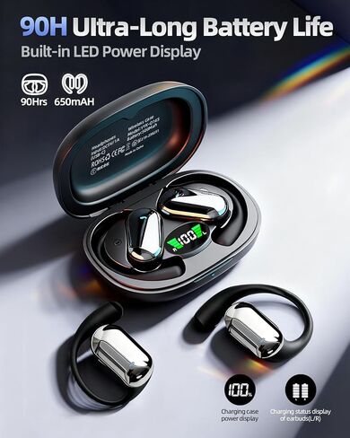 Open Ear Bluetooth Headphones 5.4, Wireless Earbuds with Ergonomic Ear Hook, 90H Battery Life, IPX7Waterproof, Smart Digital Display, Touch Control - for Running, Cycling, Workout in Saudi Arabia