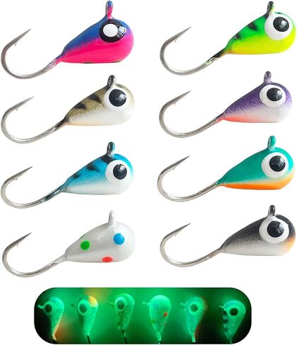 8pcs Tungsten Ice Fishing Jigs Set Sensitive Tear Drop Ice Fishing Jig Head Glow in Dark Ice Fishing Lures for Panfish Crappie Bluegill Walleye in Saudi Arabia