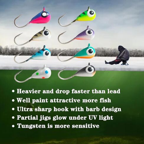 8pcs Tungsten Ice Fishing Jigs Set Sensitive Tear Drop Ice Fishing Jig Head Glow in Dark Ice Fishing Lures for Panfish Crappie Bluegill Walleye in Saudi Arabia
