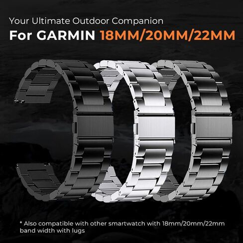 سوار تيتانيوم 18 مم لـ Vivoactive 4S/3S، Venu 2S/3S، حزام معدني سريع الفك 22 مم لـ Fenix ​​8 47 مم/Forerunner 965، شريط 26 مم لـ Fenix ​​8 51 مم/Enduro 3 51 مم/7X Pro Sapphire Solor in Kuwait