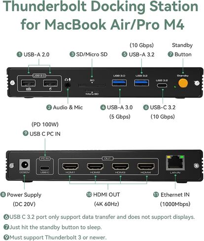 قاعدة توصيل Thunderbolt لجهاز MacBook Air/Pro M4 Quad 4K@60 هرتز، شاشة ممتدة 15 في 1 USB C Displaylink Dock لأجهزة الكمبيوتر المحمولة Mac مع PD 100W، USB 3.2 10 جيجابت في الثانية in Kuwait