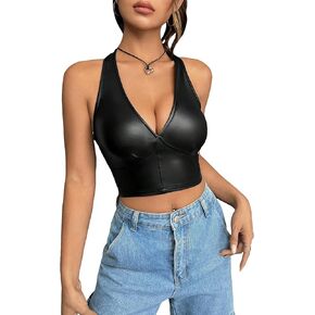 Floerns Women's Pu Leather Sleeveless Halter Neck Tie Backless Crop Tank Top