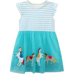 Little Girls Dress Casual Cotton Kids Unicorn Appliques Striped Jersey Dress 2-7 Years