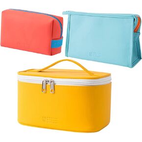 AUSEKALY Makeup Bag Cosmetic Bag Sets 3 Pcs For Women Travel Toiletry Bag for Girl Cute Large Make Up Bag With Brush Bag + Small Cosmetic Pouch Blue Orange