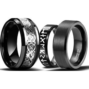 3 قطع من خواتم فايكنغ من الفولاذ المقاوم للصدأ الأسود للرجال، خواتم رونية التنين السلتي الإسكندنافية، هدية مجوهرات فايكنغ للرجال مع صندوق in Kuwait