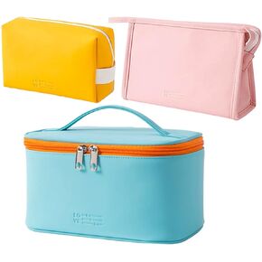 AUSEKALY Makeup Bag Cosmetic Bag Sets 3 Pcs For Women Travel Toiletry Bag for Girl Cute Large Make Up Bag With Brush Bag + Small Cosmetic Pouch Blue Orange