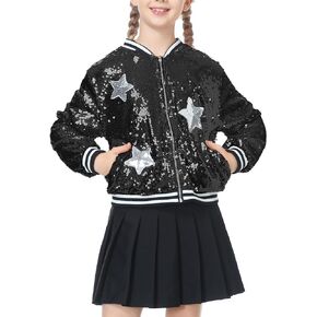 LOLANTA Girls Sequin Jacket, Long Sleeve Kids Bomber Coats with Pockets, Spring Fall Outfits for 4-15 Years