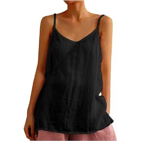 zebemay Womens Cotton Linen Tank Tops V Neck Casual Cami Sleeveless Basic Tank Shirt S-XL