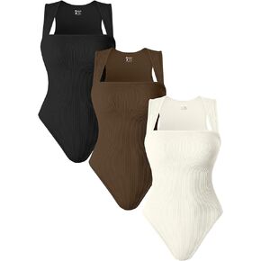 OQQ 3 Piece Bodysuits For Women Sexy Ribbed Strappy Square Neck Stretch Tank Tops Bodysuits
