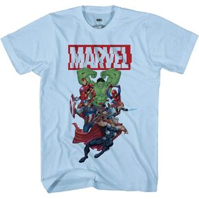 Marvel Boys Comics Avengers Shirt - Spiderman, Ironman, Captain America & Hulk Tee - Throwback Classic T-Shirt (Light Blue, Medium)
