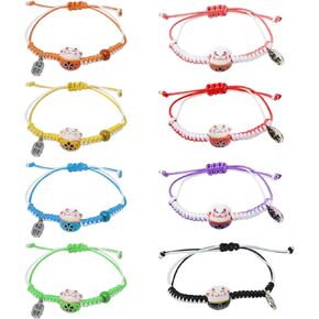 HONBAY 8PCS Cute Lucky Cat Bracelets Adjustable Maneki Neko Braided Bracelets with Ceramic Beads Kawaii Jewelry for Men Women Teen or Birthday Gift (8 Color)