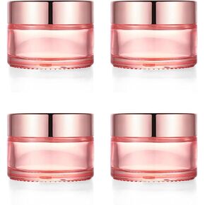 Furnido 4 Pack,1 oz/30ml Pink Glass Face Cream Jar Pot,Empty Thick Glass Cosmetic Cream Jar Container With Rose-Golden Cover,Inner Liners for Moisturizer,Eyeshadow,Makeup Emulsion