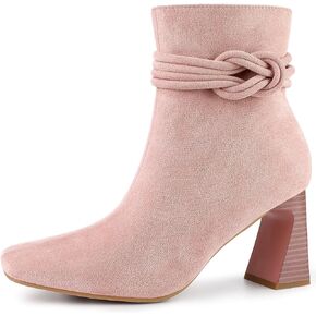 Allegra K Women's Square Toe Knot Decor Chunky Heels Ankle Booties