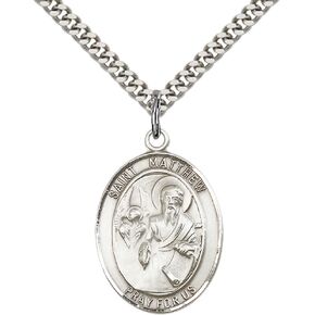 F A Dumont Sterling Silver St. Matthew The Apostle Pendant with 24" Stainless Steel Heavy Curb Chain. Patron Saint of Accountants/Bankers
