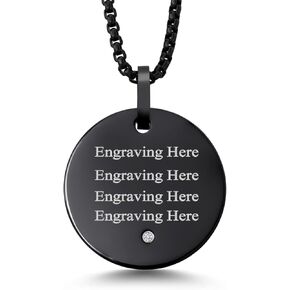 Gem Stone King Custom Free Engraving Black IP Plated Tungsten Carbide Solid Polished Disc Pendant Necklace with White Lab Grown Diamond (G-H Color, SI1 Clarity, and 24 Inch Stainless Steel Chain)