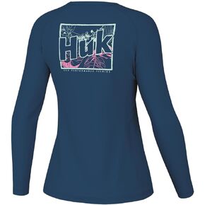 HUK Women's Pursuit Patterned Crew Sleeve, Performance Shirt
