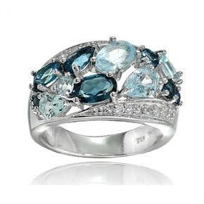 Sterling Silver Genuine London Blue, Blue and White Topaz Cluster Tonal Ring
