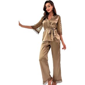 WDIRARA Women's 2 Piece V Neck Polka Dots Print Mesh Tassel Half Sleeve Top and Pants Satin Pj Set
