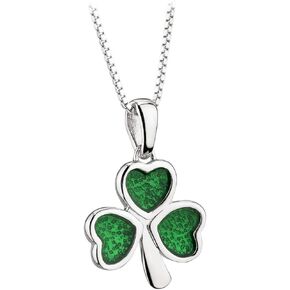 Biddy Murphy Shamrock Sterling Silver Green Enamel Charm Necklace, Sturdy 18" Box Chain, Lucky Irish Gift, Celtic Jewelry, Imported from Ireland
