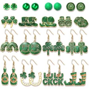 17/22 Pairs St.Patrick's Day Earring Set Glitter Shamrock Earrings for Women, Green Pearl Crystal Clay Stud Earrings Irish Lucky Leaf Hat Earrings St.Patrick's Day Accessories Gifts
