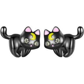 Qings Cute Cat Stud Earrings for Girls 925 Silver Kitty Animal Studs with Yellow Pink Enamel Hypoallergenic Cat Cubic Zirconia Earrings for Women Girls Teens Cat Lovers