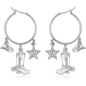 Fire Bettle Western Cowgirl Boot Hat Earrings for Women Cute Country Western Star Boots Hat Hoop Dangle Earrings Boho Gold Plate Statement Earrings Jewelry Gifts for Women Girls