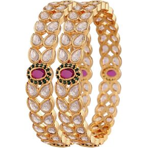 I Jewels 18K Gold Plated Indian Wedding Bollywood Brass Bangles Encased With American Diamonds For Women/Girls (ADB433Q) (Set of 2)