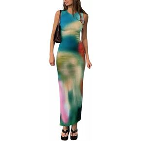فستان نسائي Y2k التعادل صبغ تانك فستان بلا أكمام Bodycon فساتين طويلة مطبوعة سليم صالح الصيف ماكسي فستان الشمس in Kuwait