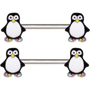Pierced Owl Animated Penguin with Colorful CZ Crystal Gemmed Feet Nipple Ring Barbells, Sold as a Pair