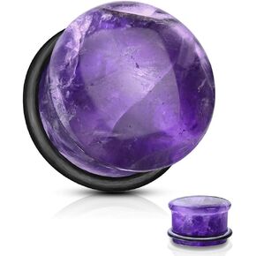 Pierced Owl - Natural Amethyst Semi-Precious Stone Domed Single Flare Plugs with Black O Ring, Sold as a Pair