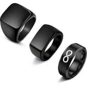 FINREZIO 3PCS Black Signet Ring Infinity Band Rings Set for Men Stainless Steel Glossy Matte Finish Beveled Polished Edge Comfort Fit Husband Father Gift Size 6-14 in Kuwait