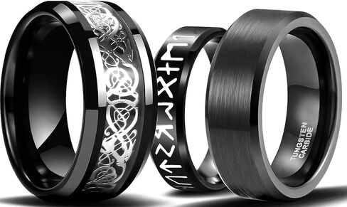 3 قطع من خواتم فايكنغ من الفولاذ المقاوم للصدأ الأسود للرجال، خواتم رونية التنين السلتي الإسكندنافية، هدية مجوهرات فايكنغ للرجال مع صندوق in Kuwait