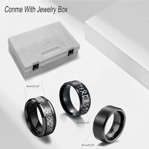 3 قطع من خواتم فايكنغ من الفولاذ المقاوم للصدأ الأسود للرجال، خواتم رونية التنين السلتي الإسكندنافية، هدية مجوهرات فايكنغ للرجال مع صندوق in Kuwait