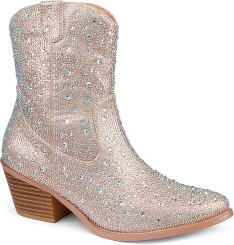 أحذية Zzheels النسائية حجر الراين أحذية رعاة البقر سباركلي للنساء بمقدمة مدببة أحذية راعية البقر اللامعة بكعب سميك in Kuwait