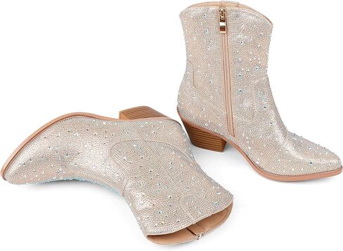 أحذية Zzheels النسائية حجر الراين أحذية رعاة البقر سباركلي للنساء بمقدمة مدببة أحذية راعية البقر اللامعة بكعب سميك in Kuwait