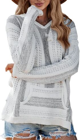 Saodimallsu Womens V Neck Hooded Sweaters Striped Loose Long Sleeve Lightweight Pullover Knit Jumper with Pocket in Saudi Arabia