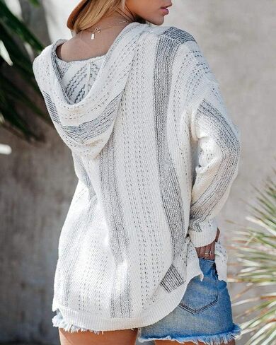 Saodimallsu Womens V Neck Hooded Sweaters Striped Loose Long Sleeve Lightweight Pullover Knit Jumper with Pocket in Saudi Arabia