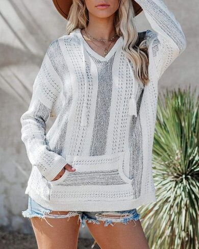 Saodimallsu Womens V Neck Hooded Sweaters Striped Loose Long Sleeve Lightweight Pullover Knit Jumper with Pocket in Saudi Arabia